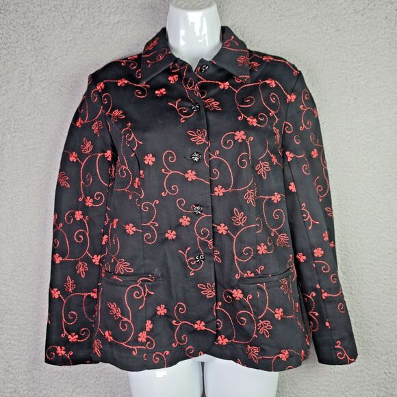 Christine Phillipe Womens Blazer 8 Black Red Floral Embroidered Cotton Pockets - Picture 14 of 15